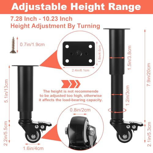 WOPPLXY 4 Pcs 7-10 Inch Metal Adjustable Furniture Legs with Swivel Caster Wheels, Heavy Duty Replacement Support Legs, Metal Legs for Table with Wheels for Cabinet/Sofa/Bed/Dresser/Couch/Coffee Table