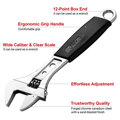 Jetech 8 Inch Adjustable Wrench with Softgrip Handle, Professional Shifter Spanner, Wide Caliber Opening, Chrome Vanadium Steel, Rust-Resistant Finish - size: 8 Inch