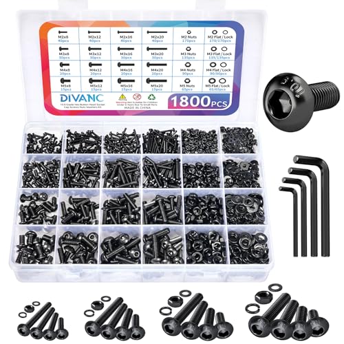 1800PCS Metric Screw Assortment, Metric Bolt Assortment Kit M2 M3 M4 M5 Machine Screws with Lock & Flat Washers, Grade 10.9 Alloy Steel Hex Socket Button Head Black Screws Nuts and Bolts Kit (Black) - size: M2M3M4M5 1800PCS (Black)