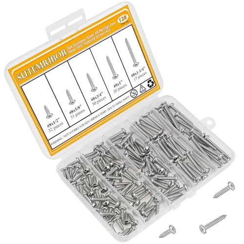 128 Pieces #8 x 1/2" 5/8" 3/4" 1" 1-1/4" Wood Screws Set, Phillips Pan Head #8 Self-Tapping Screws Assortment Kit, 304 Stainless Steel - size: #8, style: Phillips Pan Head