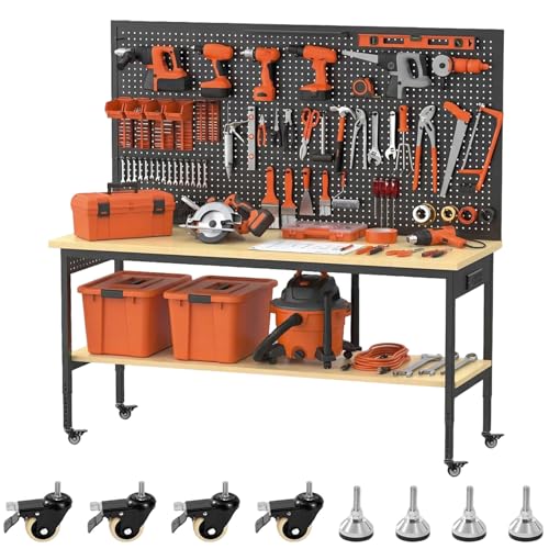 60" Adjustable Height Workbench,9-Level Heavy Duty Work Bench with Storage Shelf Pegboard LED Light & Built-in Power Strip, 2010 lbs Load Capacity Rolling Tool Bench for Garage Workshop