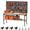 60" Adjustable Height Workbench,9-Level Heavy Duty Work Bench with Storage Shelf Pegboard LED Light & Built-in Power Strip, 2010 lbs Load Capacity Rolling Tool Bench for Garage Workshop
