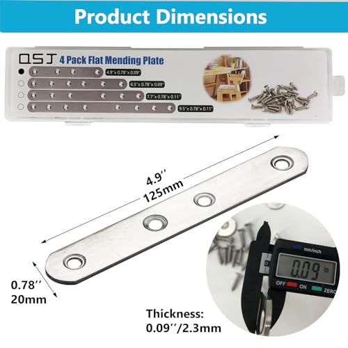 QSJ 4 Pack Flat Straight Bracket Mending Plate for Wood Stainless Steel Straight Brackets 125mm / 4.9" Wood Brace with Screws - size: Silver, 4.9 Inch