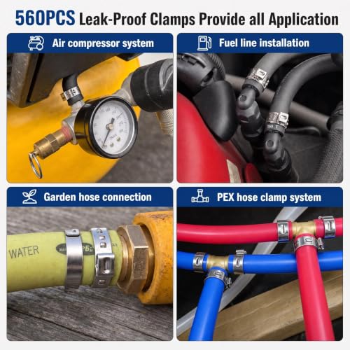 560PCS 22-Sizes Stepless Single Ear Hose Clamp Kit with Pliers & Cutter, 5.3-36.1mm (1/4"-1-3/8") 304 Stainless Steel Anti-Corrosion Clamps for Automotive Fuel Line,CV Boot,HVAC,Radiator & PEX - size: 560 PCS 22 Size
