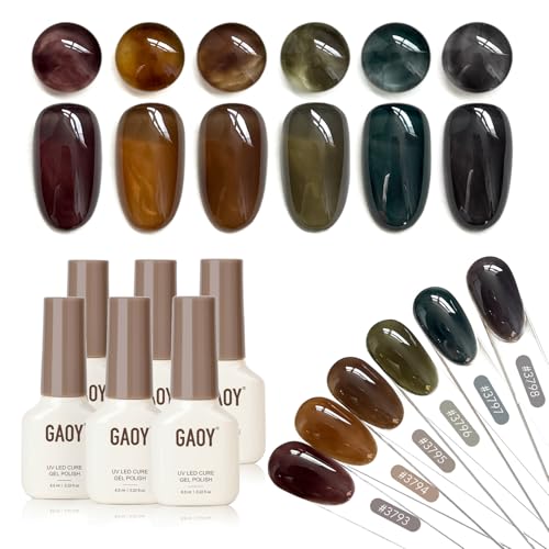 GAOY Dark Gel Nail Polish Set, 6 Color Milky Jelly Brown Green Black UV Gel | Blooming Effect, Buildable Color, UV Lamp Required, Long Lasting, Easy to Apply, Salon Manicure at Home - color: Dust Theory