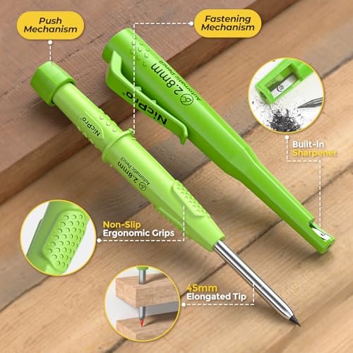 Nicpro Carpenter Pencil with Sharpener & Holster, Construction Pencil-Green - color: Green