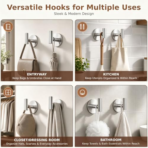 Heavy Duty Self-Adhesive Coat Hooks, Stainless Steel Towel Hooks for Bags, Towels, Robes, Hats, Aprons – No Drill Bathroom, Kitchen, Hotel Wall Hooks (2 Pack, Silver) - color: Silvery, size: Adhesive "T" Shape- 2 Pack
