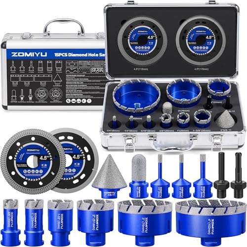 15Pcs Diamond Hole Saw Kit, Tile Hole Saw Kit for Quartz & Granite | 9 Hole Saws (1/4" to 4"), Finger Bit & Chamfer Bit Included, Hex & SDS Plus Adapters, Vacuum Brazed Diamond - size: 1/4",5/16",4/5",1",1-3/8",2",3",4"