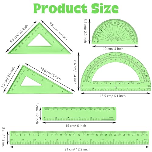 Tenare 6 Pcs Math Geometry Ruler Set, Protractor Triangle School,Green - color: Green