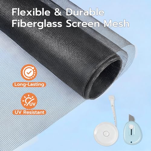 Window Screen Door Repair Kit, 48"x118" Fiberglass Window Screen Mesh, Washable Window Screen Door Replacement with Rolling Tool Spline Cutter Tape Measure for Windows Patio Sliding Screen Door - size: 48" x 118"