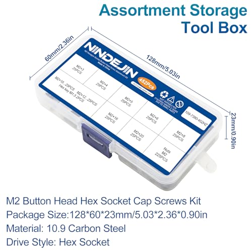 NINDEJIN M2 Button Head Socket Cap Bolts Screws, Metric M2 x 3/4/5/6/8/10/12/16/20mm Screws Bolts Nuts Assortment Kit, 452Pcs Allen Hex Drive, Black Oxide, 10.9 Carbon Steel, Fully Threaded - size: 452Pcs M2 3mm-20mm