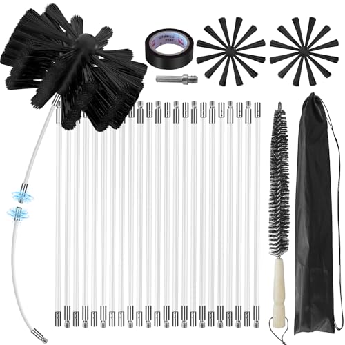 30Feet Chimney Sweep Kit - 6 in Brush Head, Dryer Vent Cleaner, Rotary Cleaning System for Flue/Fireplace/Sewage Pipe/Hood With 23 Nylon Flexible Rods - color: Regular, size: 30FT