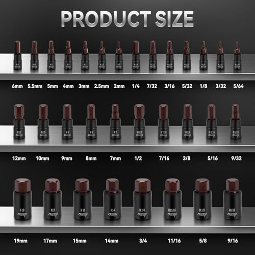 DISEN 32-Piece HEX Bit Socket Set - size: 1/4"& 3/8”& 1/2“ 32PCS HEX Bronw