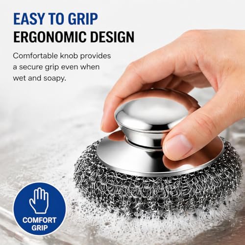 Steel Wool Scrubber, 10-Pack Stainless Steel Scrubber Pads with Handle - The Ultimate Scouring Solution for Rust, Stubborn Messes on Cookware, Grill, Oven & Kitchen Sinks - size: 2 Handle+8 Pads