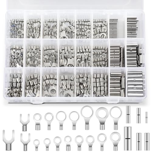 Tellegloww 600pcs Non Insulated Ring Terminal Kit, Fork Butt Connectors