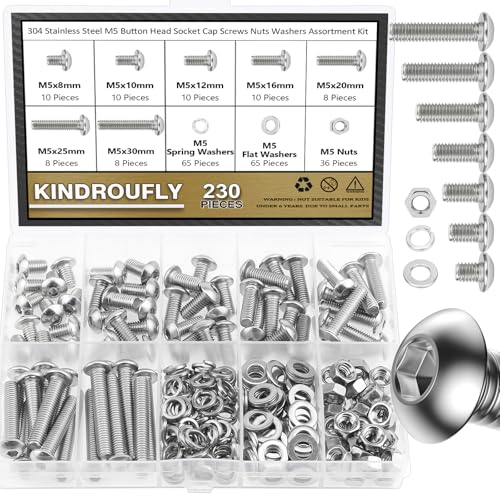 230 Pieces M5 x 8/10 /12/16 /20/25 /30mm Button Head Socket Cap Screws Nuts Washers Assortment Kit, 304 Stainless Steel, Fully Machine Thread - size: M5, style: Button Head