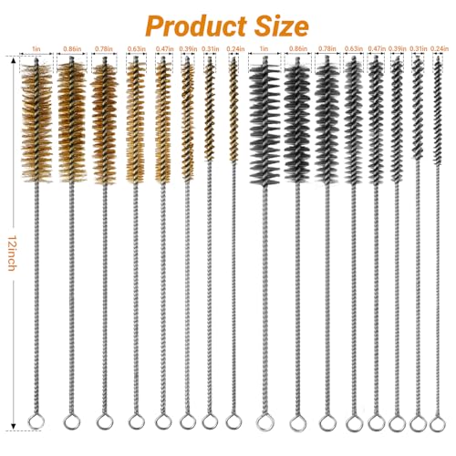 RAWILL 16Pcs Tube Cleaning Brush, Brass Stainless Steel Engine Cleaning Brushes, 12 Inch Long Round Wire Pipe Cleaner for Deep Pipes, Auto Parts, Engine Parts, 8 Sizes - color: Yellow and Silver, size: 16 Pcs-8 Size