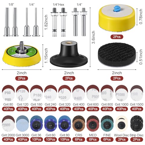 540 Pack 2 Inch Sanding Discs Pad Variety Kit Discs Set for Drill Grinder Rotary Tools Die Grinder Accessories with 1/8"&1/4" Shank Backer Plate Sanding Pads Includes 36-3000 Grit