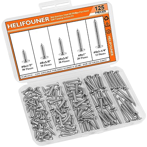 #8 x 1/2" 5/8" 3/4" 1" 1-1/4" Wood Screws Set, HELIFOUNER 125 Pieces Phillips Pan Head Self-Tapping Screws Assortment Kit, Phillips Pan Head Wood Screws, 304 Stainless Steel - size: #8