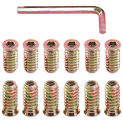 Glarks 50Pcs 1/4"-20x25mm Threaded Inserts Nuts Zinc Plated Carbon Steel Hex Socket Drive Furniture Flanged Screw-in Nut with M6 Hex Wrench for Wood Furniture (1/4"-20 x 25mm) - size: 1/4"-20 x 25mm