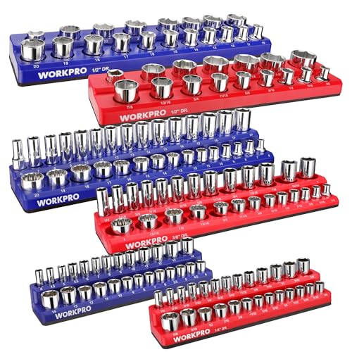 WORKPRO Magnetic Socket Organizer Set, 6-Piece Metric SAE Socket Holder Set - size: 6 Pieces-1/4", 3/8", & 1/2" DR, SAE & Metric