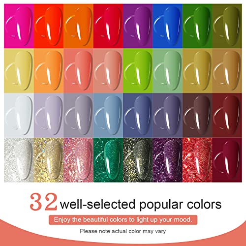 JODSONE Gel Nail Polish Kit with U V Light 32 Colors with Base Coat Matte Glitter Top Coat Gel Nail Set Manicure Salon Tools - color: rainbow candy a01