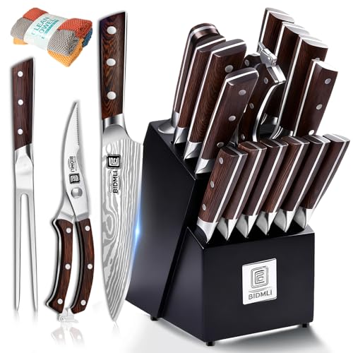 17-Pack kitchen knife set, wooden blocks,sharp high carbon stainless steel blades,hardwood handles,Sharpener,chicken bone clipper,microfiber towels,gift packaging,for families, restaurants, chefs. - color: Black