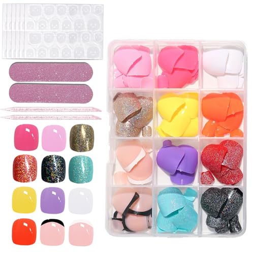 288Pcs Press on Toenails Short Square Toe Fake Nails with Glue Tabs,12 Color Gel Fake Toenails Press ons, Glitter French Glossy Glue on Toenail Acrylic Toes Nails False Presson Stick Toenail for Feet - color: 12 Color Press on Toenails