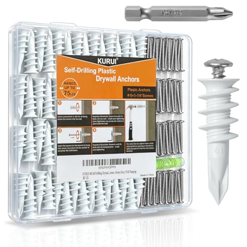 KURUI 140Pcs #8 Self Drilling Drywall Anchors and Screws Kit, No Drill Hole