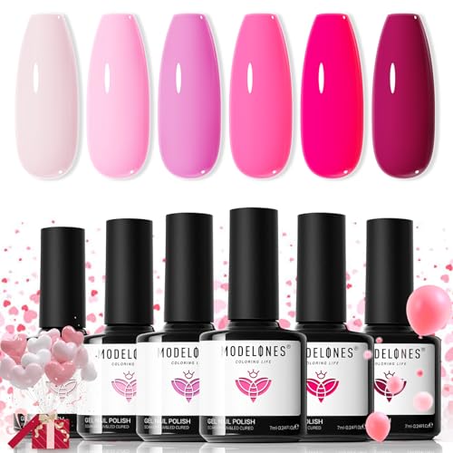 modelones Pink Gel Nail Polish Set 6 Colors, Hot Neon Light Dark Milk Pink - color: A A A0 Pink Shades