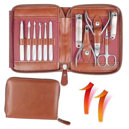 Manicure Set 11 in 1 Stainless Steel Nail Clippers for Men，Manicure Kit for Women，Nail Grooming Kit，Nail Clipper Set，Personal Care Tools - color: Brown