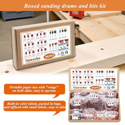 442 Pieces Sanding Drums Kit for Most Rotary Tools,Drum Sander Sleeves 376pcs (80 120 240 320 400 600Grit),24Pcs Drum Mandrels and 42 Sanding Bits,Sanding Bits Tool Accessories with Box - size: 442PCS