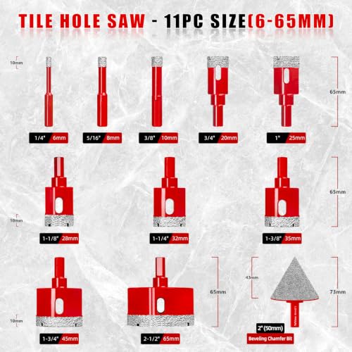 Diamond Hole Saw Kit, Tile Hole Saw Kit Vacuum Brazed 11Pcs (1/4"-2-1/2") - size: 6/8/10/20/25/28/32/35/45/65MM/2"