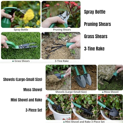10-Piece Garden Tools Set - Heavy Duty Hand Gardening Kit: Shovel, Pruners, Trowel, Rake for Plant Care, Bonsai Trimming, Weeding & Yard Work (Green) - color: Green-10