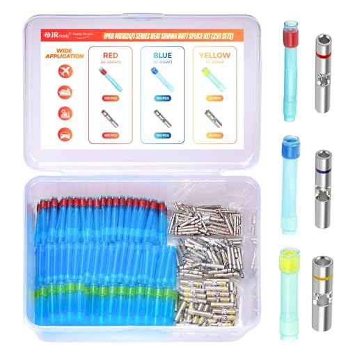 JRready ST6486 AS81824 Crimp Splices 250 Sets IP68 Waterproof Heat Shrink Butt Splice Connectors Kit with Copper Crimp Splices & PVDF Heat Shrink Tubes, 26-12 AWG Environmental Splices - color: Red*100+Blue*100+Yellow*50 Butt Splice&PVDF Tube