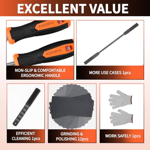 KUZURYU 31PCS Metal File Set - 4 Metal Files for Steel and 12 Needle Files with Steel Brush, Tool Bag, Riffler File, 12 Sandpaper and Gloves, Suitable for Metal and Wood Processing - size: File Set-31pcs
