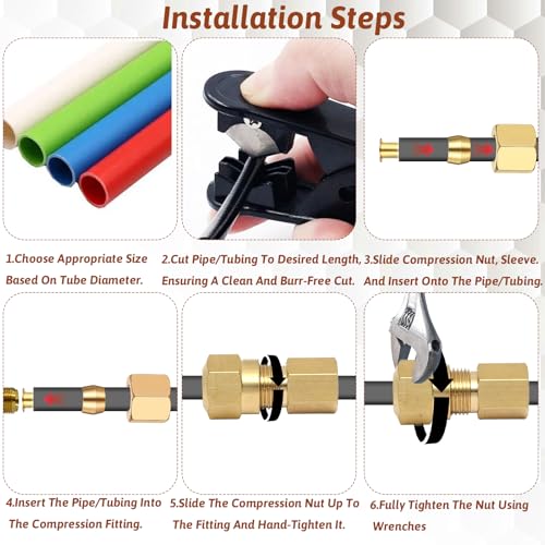 Compression Fittings, 1/4 Compression Fitting Brass Assortment Kit Include Sleeve Ferrule, Nut Used to Connect Lines for Air Water Fuel Oil and Inert Gases