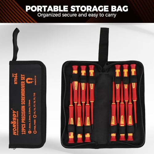 HORUSDY 12-Piece Precision Screwdriver Set, 1000V Insulated Electrician Screwdrivers with Magnetic Tips & Rotatable Top Cap, Phillips PH0/PH00, Slotted 1.8–3mm & Torx T5–T10 with Portable Storage Bag - style: 12-Piece Precision Screwdriver Set