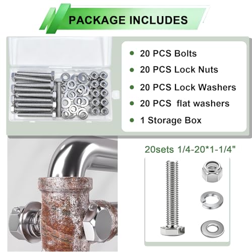 20 Sets 1/4-20×1-1/4" Stainless Steel Hex Head Screws Bolts, Nuts, Flat & Lock Washers,18-8(304) Full Thread - color: Silver, size: 1/4-20×1-1/4"(20 Sets)