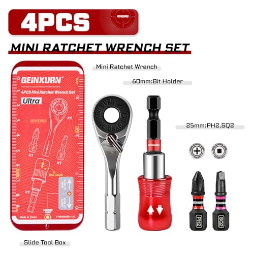 GEINXURN Mini Ratchet Wrench Set, 72 Teeth 1/4" Ratchet Wrench For Tight Spaces, Magnetic Locking Bit Holder and Driver Bit Comes in a Push-Pull Tin Case, Ideal for Repair and DIY projects - size: 04