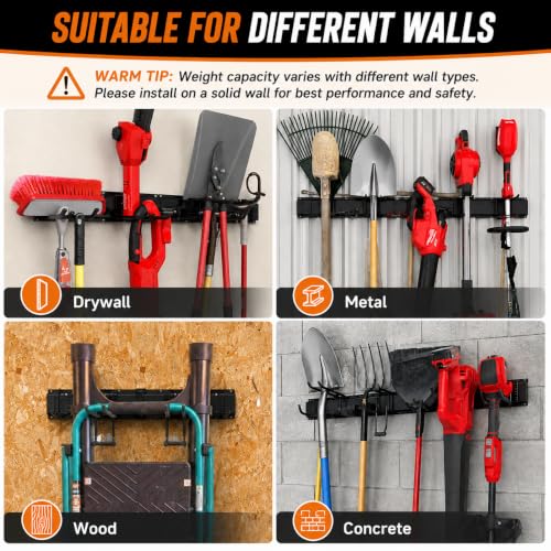 Garage Tool Organizer Wall Mount, Heavy Duty 48 Inch Garage Storage System with Adjustable Hooks, Garden Tool Rack for Shovel Rake Broom Snowboard Shed Organization - size: 48" Alloy Steel