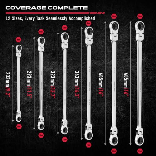 Extra Long Flex-Head Ratcheting Wrench Set, Anti-Slip 6-Piece Double Box End Wrench Set, 72-Teeth, Metric 8-19mm, CR-V Steel Wrench with Rolling Pouch - color: 6-pc Extra-long (Flex-head)