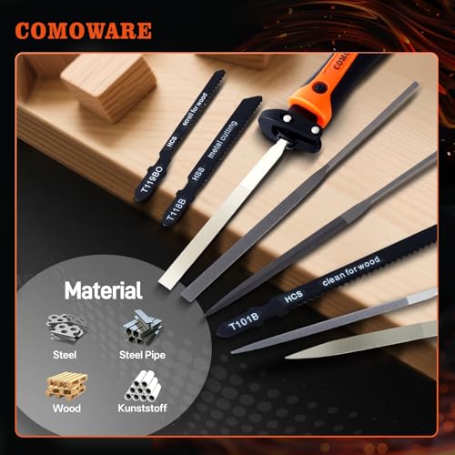 COMOWARE Small File Set, Gift for Dad, 12-Piece Metal Needle File Set with 3 Handsaw Blades, Quick Change Mechanism Handle, Flat, Half-Round, Round & Triangle Files, Portable Case for Woodworking DIY