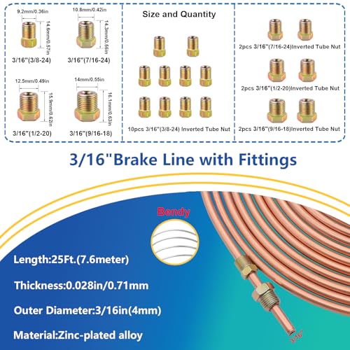 smseace 55Pack 3/16 Inch+1/4 Inch Brake line kit Include 25 FT Copper-Plated Brake Lines with Fitting(32pcs Fittings,4pcs Union+8pcs Nut) Brake line Bender,Single Flare Tool,Cutter Brake line kit - color: Gold-A, size: 3/16inch+1/4inch
