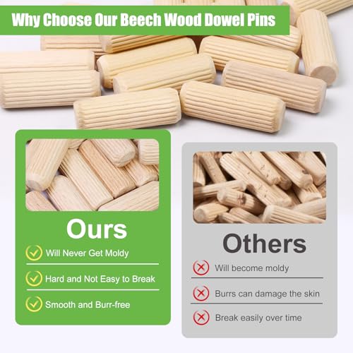 1/2" x 1-1/2" Wooden Dowel Pins, FoDau770 Fluted Wood Dowel Rods, Natural Beech Wood Dowel Pegs for Crafts, Woodworking, DIY Furniture - 200 Pieces - size: 1/2" x 1-1/2"
