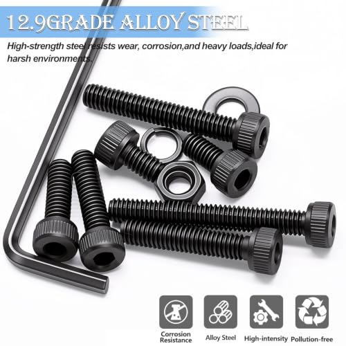 mxuteuk 521PCS M4 Screws Assortment Kit,M4×6/8/12/16/20/30mm 6 Size Hex Socket Head Cap Bolts, Nuts & Washers Set,12.9 Grade Alloy Steel Black Zinc M4 Bolts for Mechanical, Repair & DIY - size: 521PCS M4