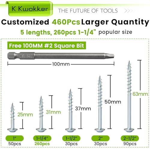 460Pcs Pocket Hole Screws, 1" 1-1/4" 1-1/2" 2" 2-1/2" Wood Screws Assortment Kit #8 Coarse Thread Zinc Pocket Screw Jig Kit, Square Drive, Self Tapping, Indoor Internal, w/ 150MM Drive Bit - size: C. #8