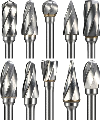 Sworker 10 Pcs Carbide Burr Set 1/8" Shank Compatible with Dremel Bits Aluminum Cut (Wide-Flute Cut) Rotary Tools Attachment Kit Rasp Drill Accessories Metal Wood Stone Steel Grinding Carving Cutting