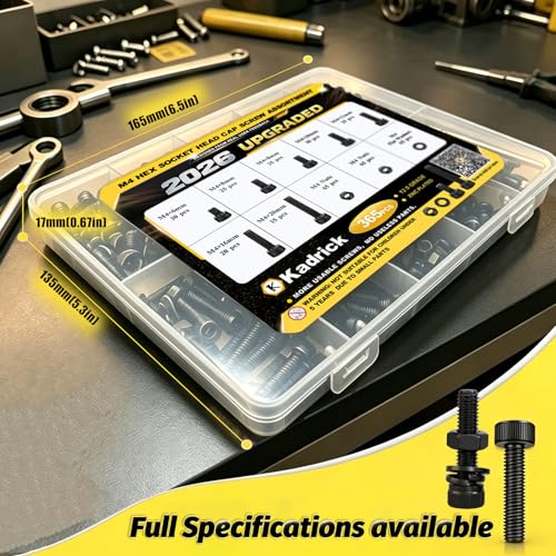 KADRICK 365PCS M4 Screws Kit,Class 12.9 Alloy Steel Hex Socket Head Cap - size: M4 365Pcs