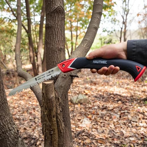 HAUTMEC 9 inch Folding Pruning Saw, Heavy Duty Hand Saws for Tree Trimming with SK5 Blade, Deep Gullets & Triple-Cut Teeth, Garden Saw for Wood Cutting, Camping & Bushcraft